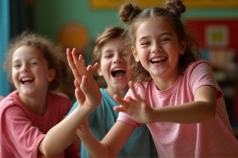 Children in a theatre class playing a game.