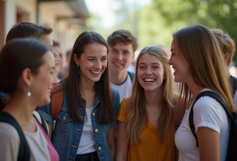 Group of students laughing together after class.